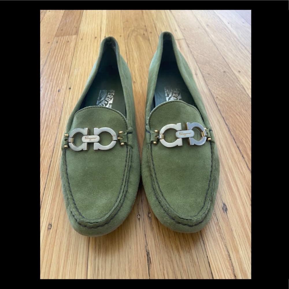 Green Suede Ferragamo Loafers